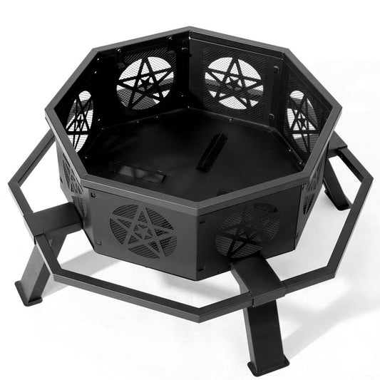 HKM-697171 35in Octagonal Foot Pedal Brazier with Pentagram Design in Wrought Iron Finish