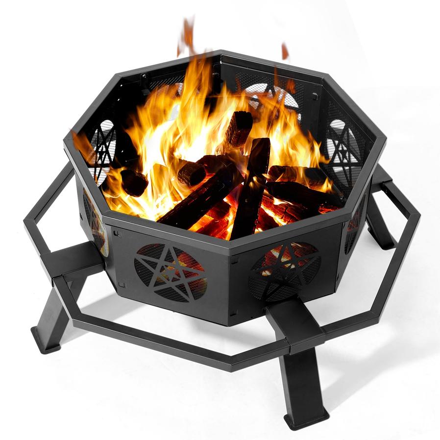 HKM-697171 35in Octagonal Foot Pedal Brazier with Pentagram Design in Wrought Iron Finish