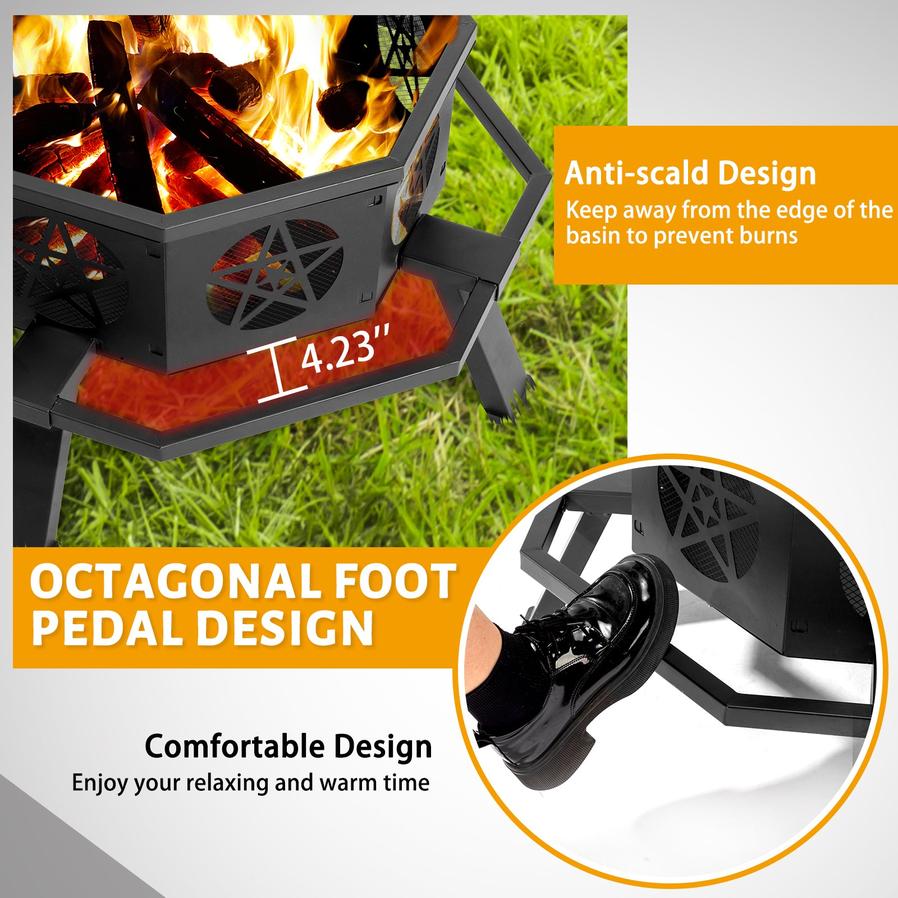 HKM-697171 35in Octagonal Foot Pedal Brazier with Pentagram Design in Wrought Iron Finish