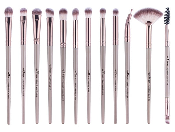 HKM-265619 12-Piece Portable Makeup Brush Set for Beginners – Eye Shadow, Nose Shadow, Highlighter, and Eyebrow Brushes in Khaki and Black