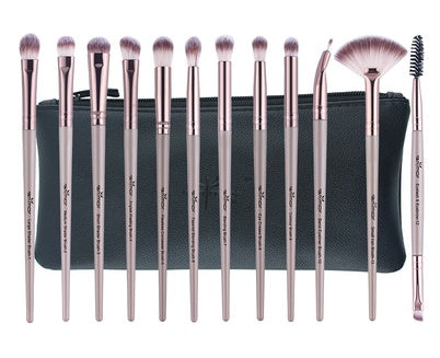 HKM-265619 12-Piece Portable Makeup Brush Set for Beginners – Eye Shadow, Nose Shadow, Highlighter, and Eyebrow Brushes in Khaki and Black
