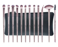 HKM-265619 12-Piece Portable Makeup Brush Set for Beginners – Eye Shadow, Nose Shadow, Highlighter, and Eyebrow Brushes in Khaki and Black