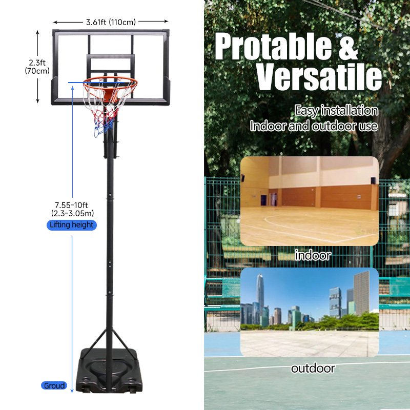 HKM-243859 Adjustable Portable Basketball Hoop with PC Backplate, Large Base and Wheels (7.55-10.00 Ft)