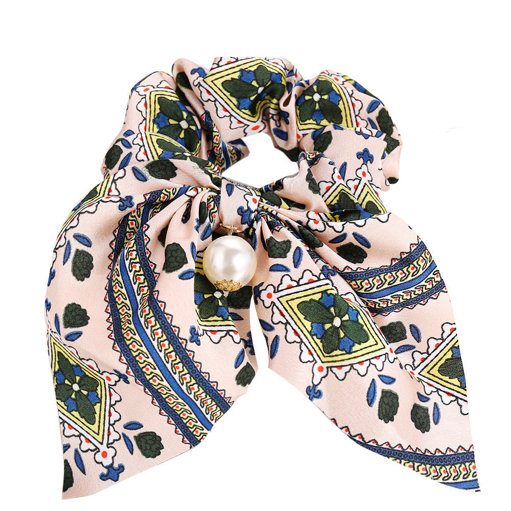 HKM-557587 Large Intestine Circle Hair Tie with Pearl Pendant – Retro European and American Style Bowknot Accessory