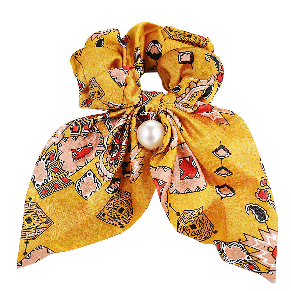 HKM-557587 Large Intestine Circle Hair Tie with Pearl Pendant – Retro European and American Style Bowknot Accessory