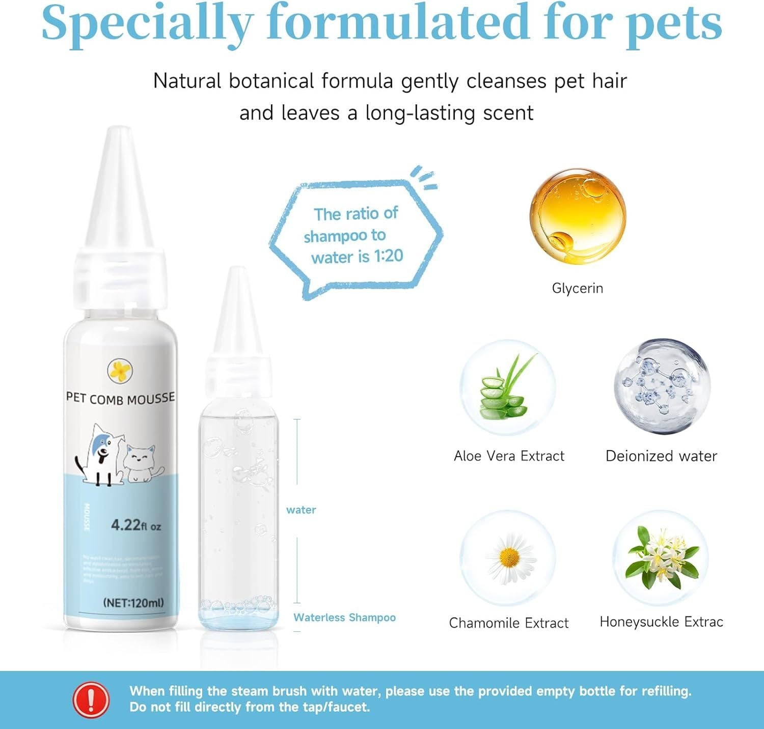 HKM-278803 3-in-1 Pet Steam Brush with Waterless Shampoo and Ear Wipes for Cats and Dogs