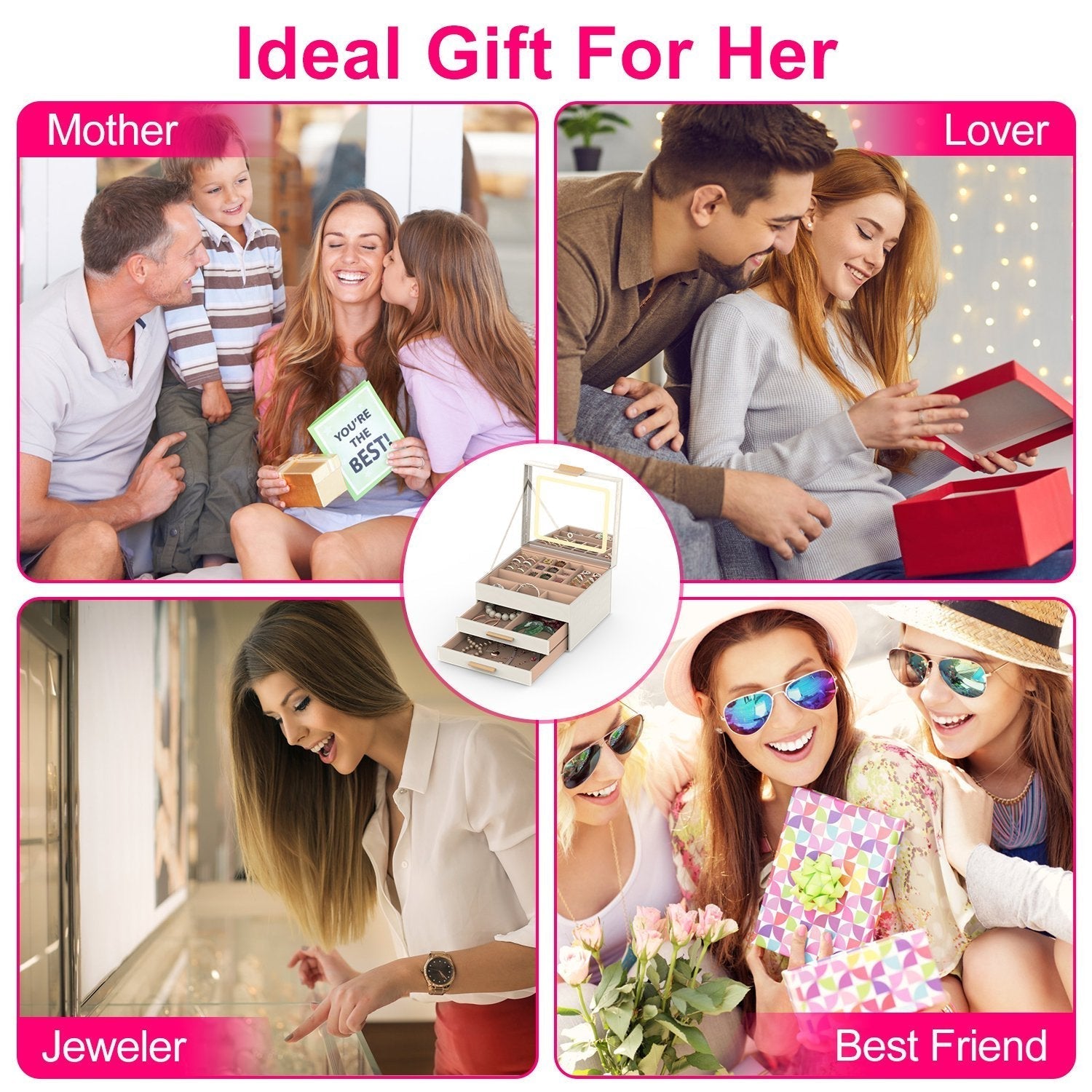 HKM-351763 3 Layer PU Leather Jewelry Box with LED Touch Mirror and Dimmable Light for Earrings, Rings, Necklaces, and Bracelets