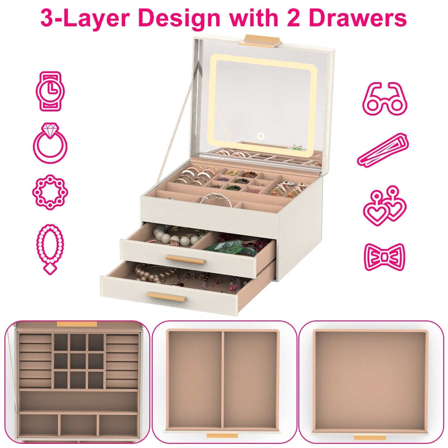 HKM-351763 3 Layer PU Leather Jewelry Box with LED Touch Mirror and Dimmable Light for Earrings, Rings, Necklaces, and Bracelets