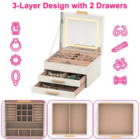 HKM-351763 3 Layer PU Leather Jewelry Box with LED Touch Mirror and Dimmable Light for Earrings, Rings, Necklaces, and Bracelets