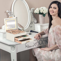 HKM-351763 3 Layer PU Leather Jewelry Box with LED Touch Mirror and Dimmable Light for Earrings, Rings, Necklaces, and Bracelets
