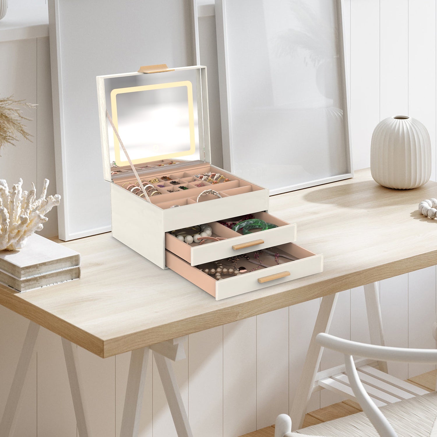 HKM-351763 3 Layer PU Leather Jewelry Box with LED Touch Mirror and Dimmable Light for Earrings, Rings, Necklaces, and Bracelets