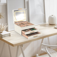 HKM-351763 3 Layer PU Leather Jewelry Box with LED Touch Mirror and Dimmable Light for Earrings, Rings, Necklaces, and Bracelets