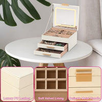 HKM-351763 3 Layer PU Leather Jewelry Box with LED Touch Mirror and Dimmable Light for Earrings, Rings, Necklaces, and Bracelets