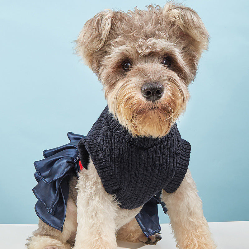 HKM-307283 Wool Princess Skirt Sweater Set for Female Pets in Gray and Navy Blue