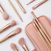 HKM-218387 12-Piece Makeup Brush Set with Pink Storage Bag - Soft Microcrystalline Silk Bristles for Flawless Application