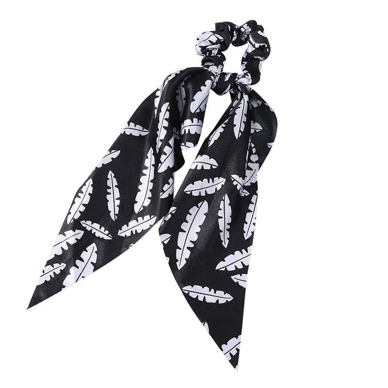 HKM-167827 Korean Style Long Streamer Printed Silk Scarf Hair Tie for Ponytail and Top Knot Styling