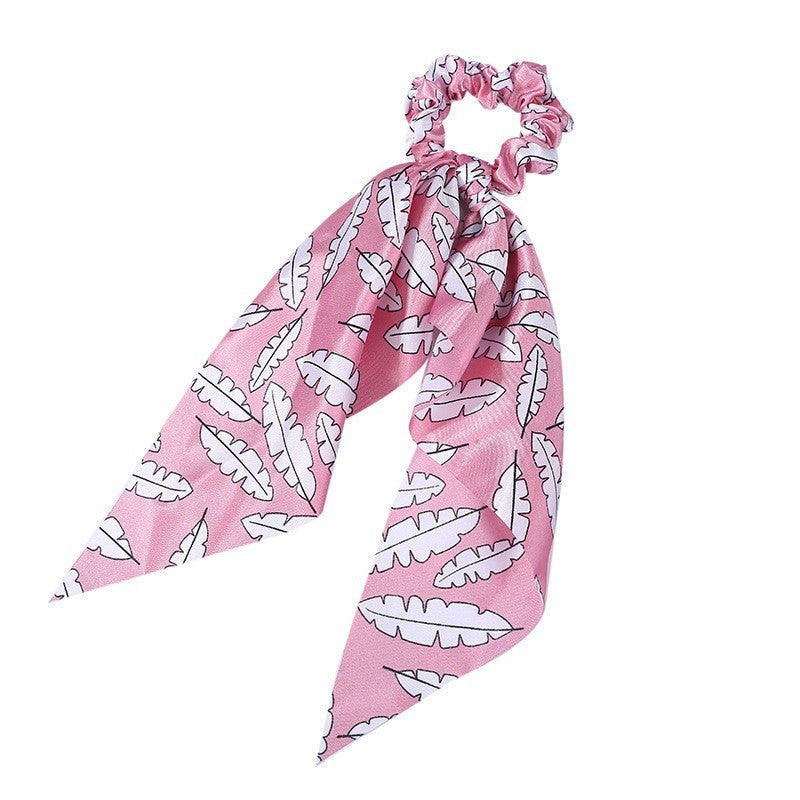 HKM-167827 Korean Style Long Streamer Printed Silk Scarf Hair Tie for Ponytail and Top Knot Styling