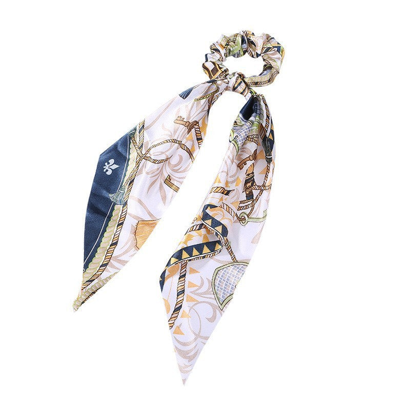 HKM-167827 Korean Style Long Streamer Printed Silk Scarf Hair Tie for Ponytail and Top Knot Styling