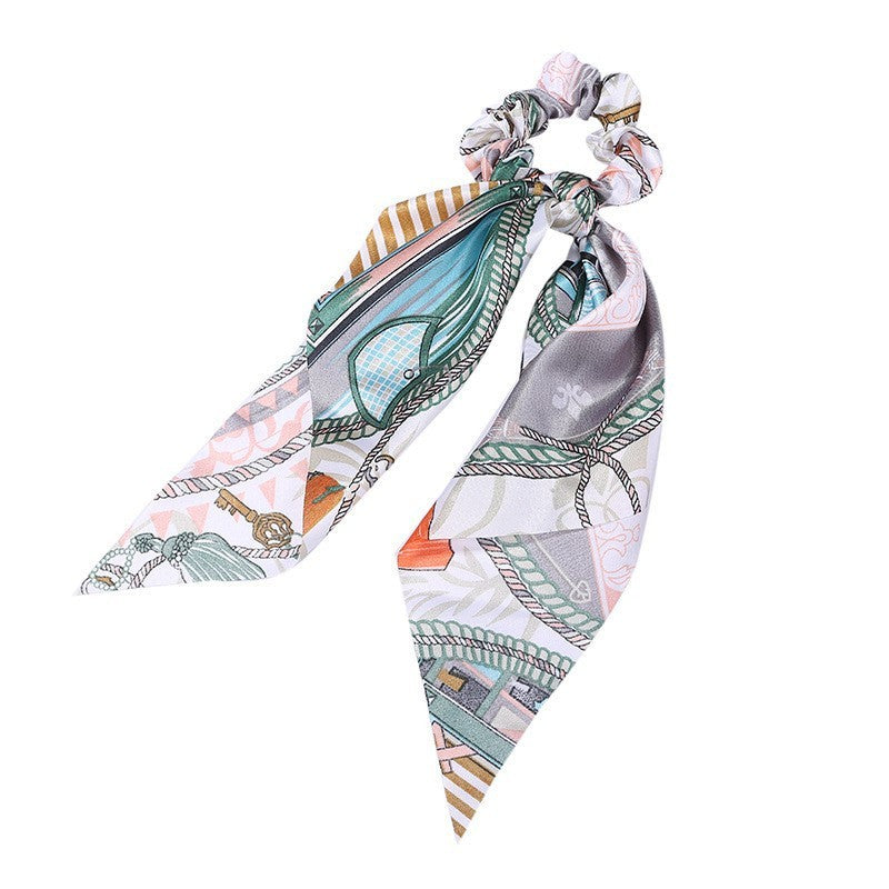 HKM-167827 Korean Style Long Streamer Printed Silk Scarf Hair Tie for Ponytail and Top Knot Styling