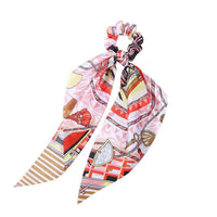 HKM-167827 Korean Style Long Streamer Printed Silk Scarf Hair Tie for Ponytail and Top Knot Styling