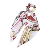 HKM-167827 Korean Style Long Streamer Printed Silk Scarf Hair Tie for Ponytail and Top Knot Styling