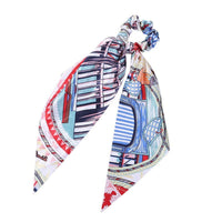 HKM-167827 Korean Style Long Streamer Printed Silk Scarf Hair Tie for Ponytail and Top Knot Styling