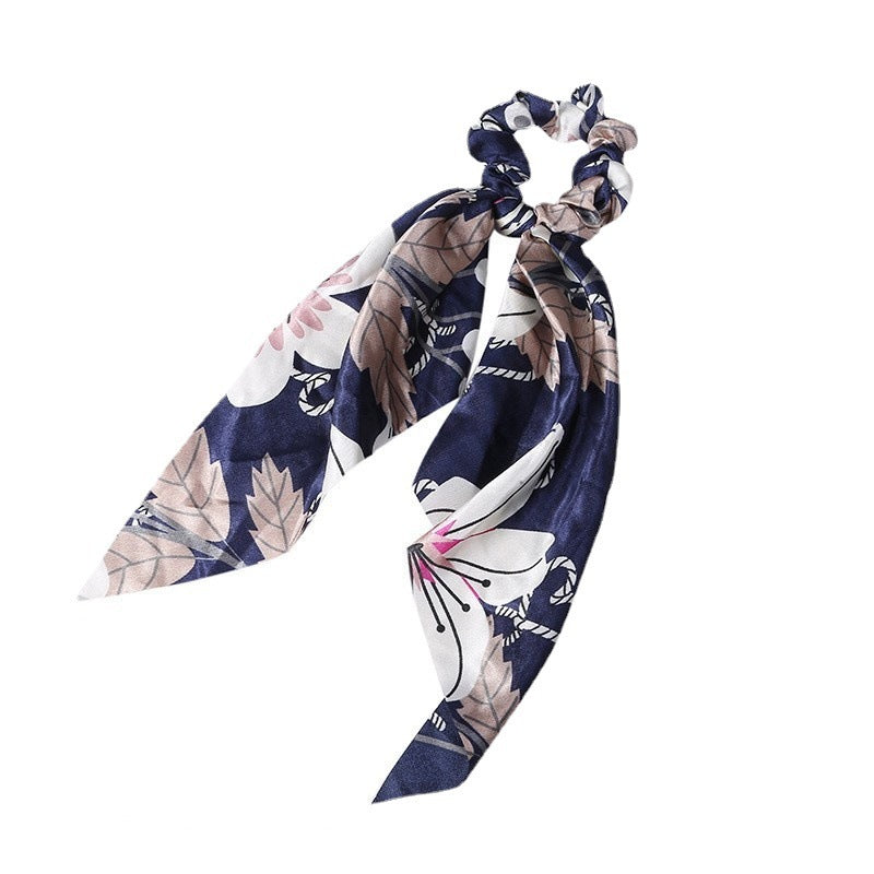 HKM-167827 Korean Style Long Streamer Printed Silk Scarf Hair Tie for Ponytail and Top Knot Styling