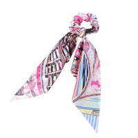 HKM-167827 Korean Style Long Streamer Printed Silk Scarf Hair Tie for Ponytail and Top Knot Styling