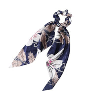 HKM-167827 Korean Style Long Streamer Printed Silk Scarf Hair Tie for Ponytail and Top Knot Styling