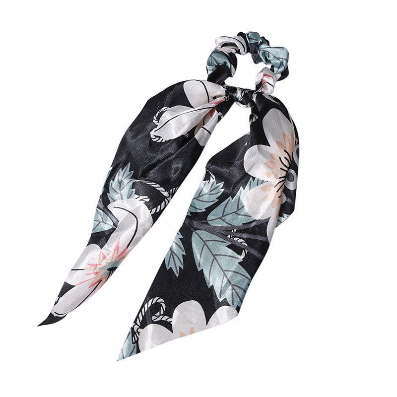 HKM-167827 Korean Style Long Streamer Printed Silk Scarf Hair Tie for Ponytail and Top Knot Styling