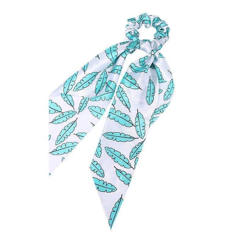 HKM-167827 Korean Style Long Streamer Printed Silk Scarf Hair Tie for Ponytail and Top Knot Styling