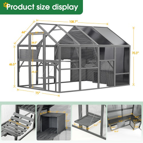 HKM-038483 Spacious Outdoor Wooden Cat Cage with Multi-Level Activity Areas and Access Doors