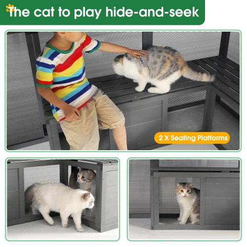 HKM-038483 Spacious Outdoor Wooden Cat Cage with Multi-Level Activity Areas and Access Doors