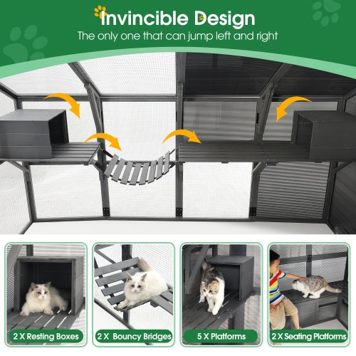 HKM-038483 Spacious Outdoor Wooden Cat Cage with Multi-Level Activity Areas and Access Doors