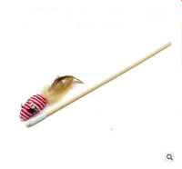 HKM-236115 Solid Wood Cat Stick Toy with Hemp, Feather Rope, and Bell - Handmade Cat Plaything