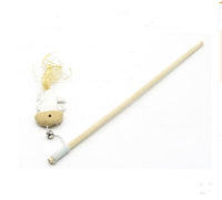 HKM-236115 Solid Wood Cat Stick Toy with Hemp, Feather Rope, and Bell - Handmade Cat Plaything