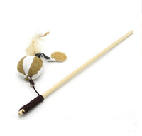 HKM-236115 Solid Wood Cat Stick Toy with Hemp, Feather Rope, and Bell - Handmade Cat Plaything