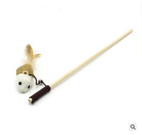 HKM-236115 Solid Wood Cat Stick Toy with Hemp, Feather Rope, and Bell - Handmade Cat Plaything