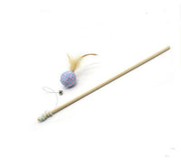 HKM-236115 Solid Wood Cat Stick Toy with Hemp, Feather Rope, and Bell - Handmade Cat Plaything