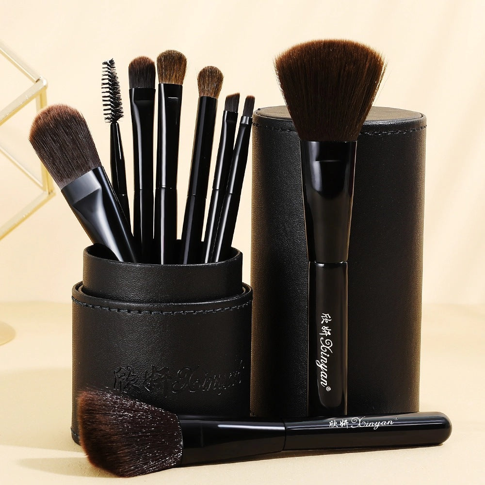 HKM-346963 9-Piece Cosmetic Brush Set with Small Horse Hair Brushes in Portable Barrel Bag