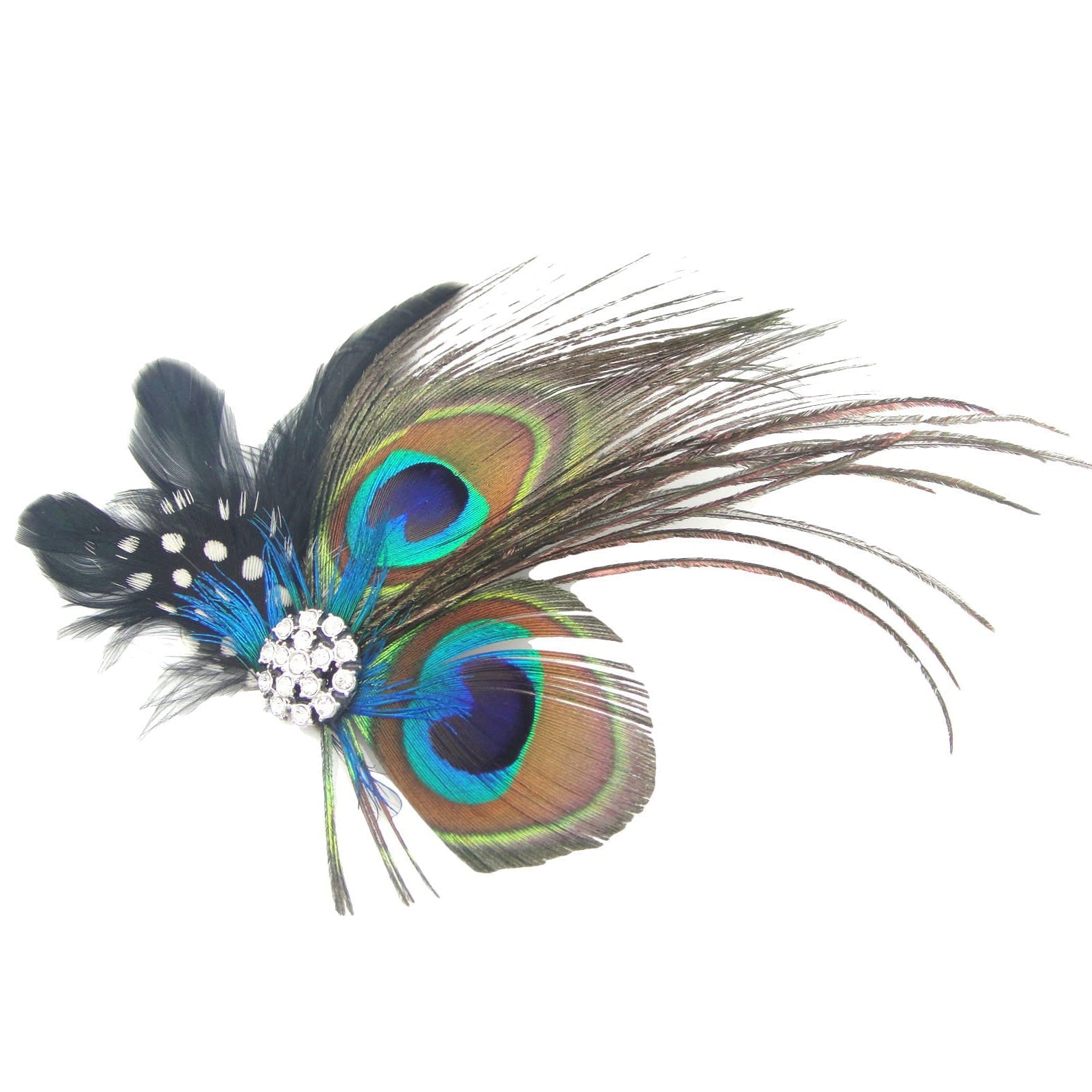 HKM-967763 Elegant Peacock Feather Hairpin with Diamond Accent and Ball Clip