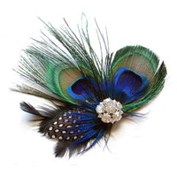 HKM-967763 Elegant Peacock Feather Hairpin with Diamond Accent and Ball Clip