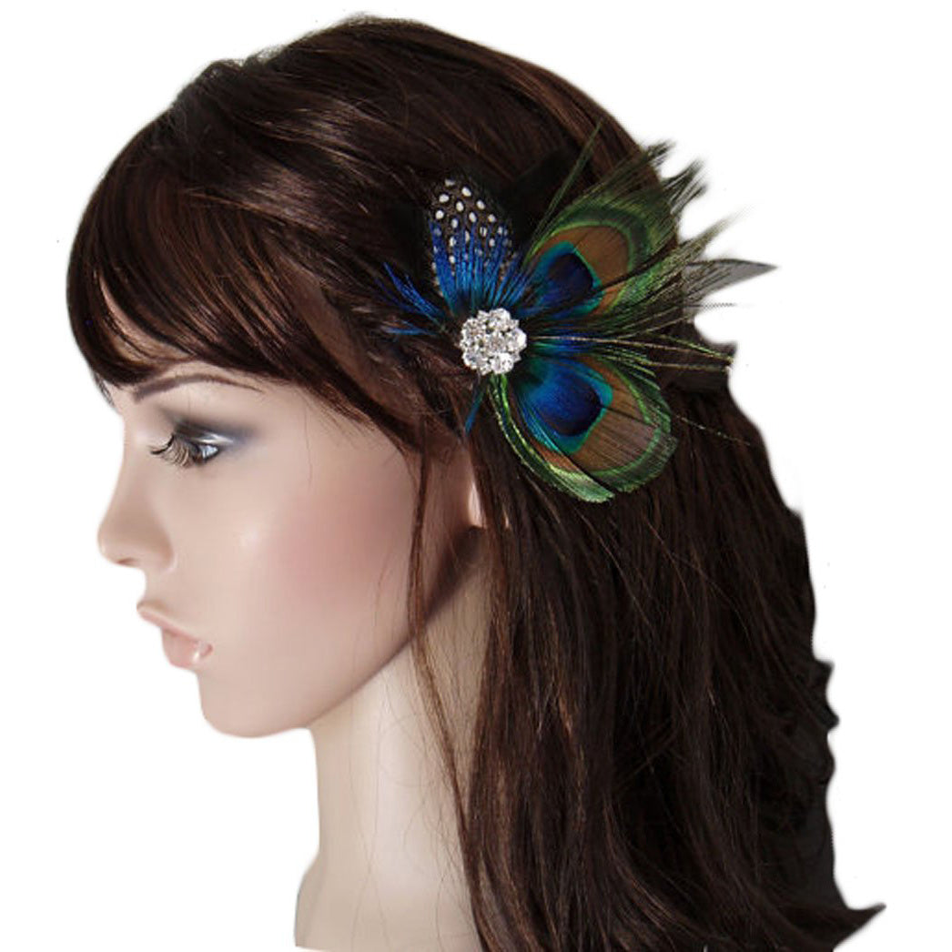 HKM-967763 Elegant Peacock Feather Hairpin with Diamond Accent and Ball Clip