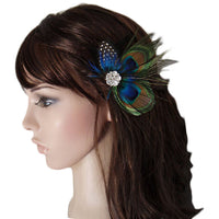HKM-967763 Elegant Peacock Feather Hairpin with Diamond Accent and Ball Clip