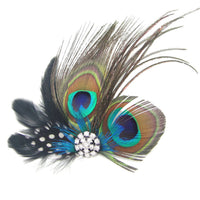 HKM-967763 Elegant Peacock Feather Hairpin with Diamond Accent and Ball Clip