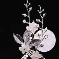 HKM-245715 Vintage Silver Floral Headdress with Pearls - Hanfu Tassel Hairpin