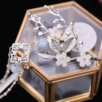 HKM-245715 Vintage Silver Floral Headdress with Pearls - Hanfu Tassel Hairpin
