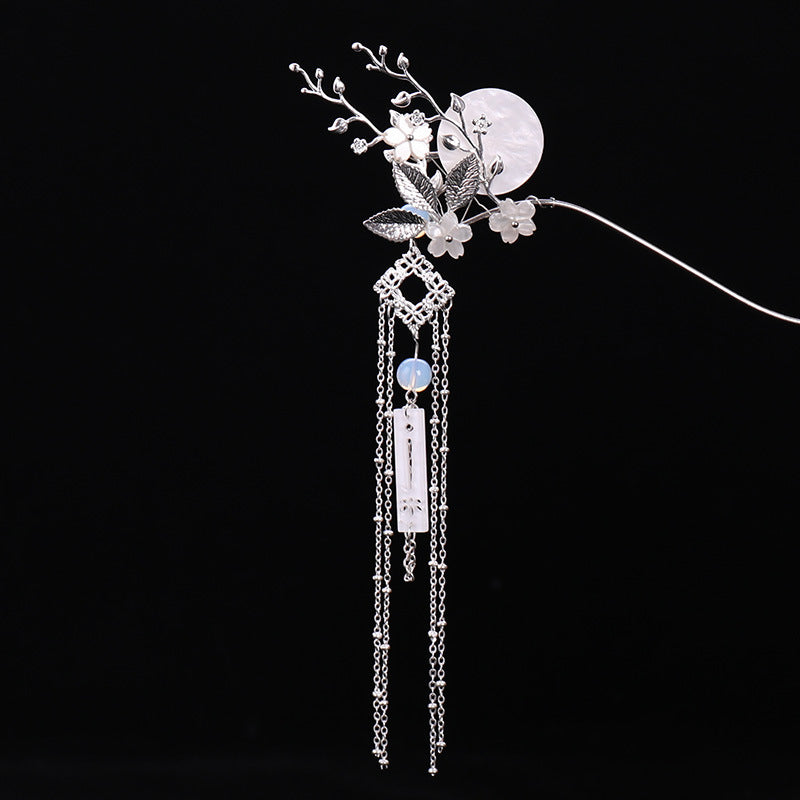 HKM-245715 Vintage Silver Floral Headdress with Pearls - Hanfu Tassel Hairpin