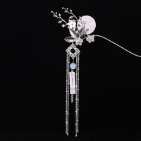 HKM-245715 Vintage Silver Floral Headdress with Pearls - Hanfu Tassel Hairpin