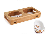HKM-865427 Double Bowl Stainless Steel Cat Food and Water Dispenser with Bamboo Frame